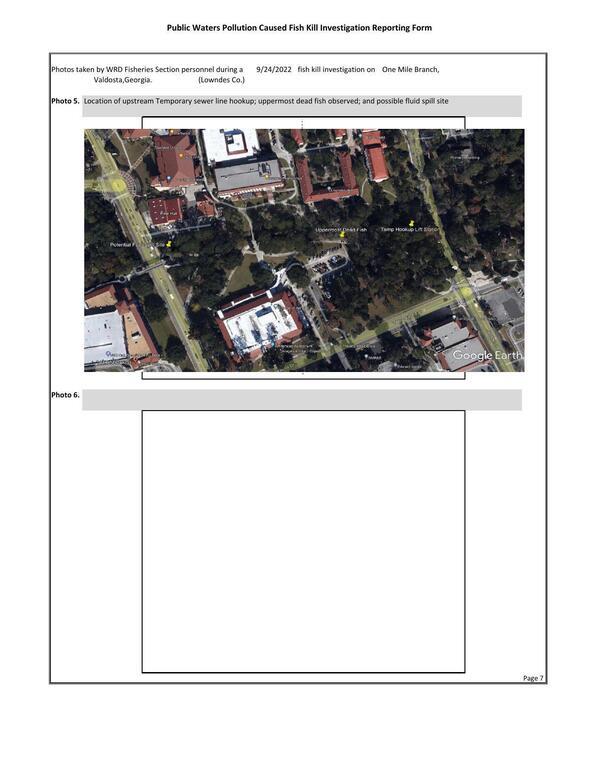 Photo 5. Location of upstream Temporary sewer line hookup; uppermost dead fish observed; and possible fluid spill site