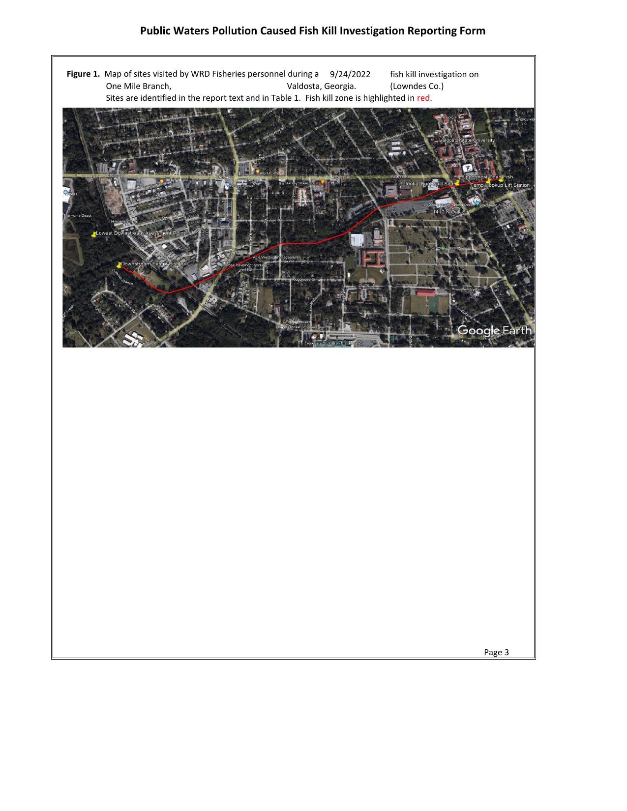 Fish kill zone in red on Figure 1. Map of sites visited by WRD Fisheries personnel during a 9/24/2022 _fish kill investigation on One Mile Branch, Valdosta, Georgia. (Lowndes Co.) Sites are identified in the report text and in Table 1.