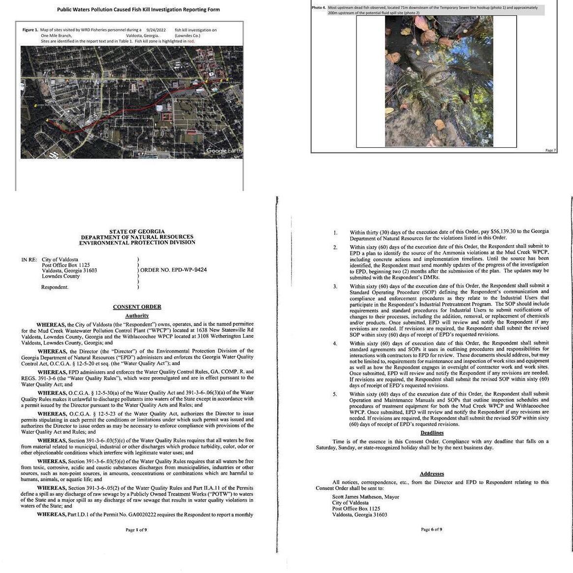 [$56,139.30 fine on Valdosta for One Mile Branch Fish Kill and other spills --GA-EPD 2023-09-15]