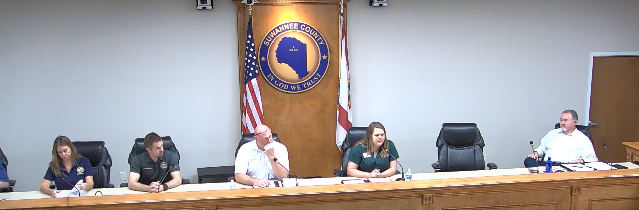 Panel: Clerk to Board Eric Musgrove, Lee-Anne Button with Rep. Shoaf's office, Stephen Holson with Sen. Corey Simon's office, Commissioner District 1 Don Hale, Livestock Sgent Erin Jones, Jimmy Norris with Economic Development