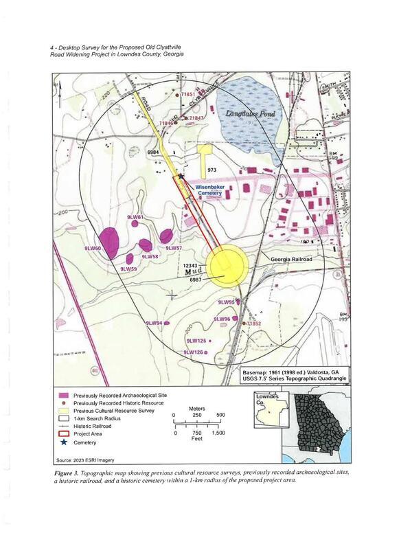 Figure 3. Topographic map showing previous cultural resource surveys, previously recorded archaeological sites, a historic railroad, and a historic cemetery within a 1-km radius of the proposed project area.