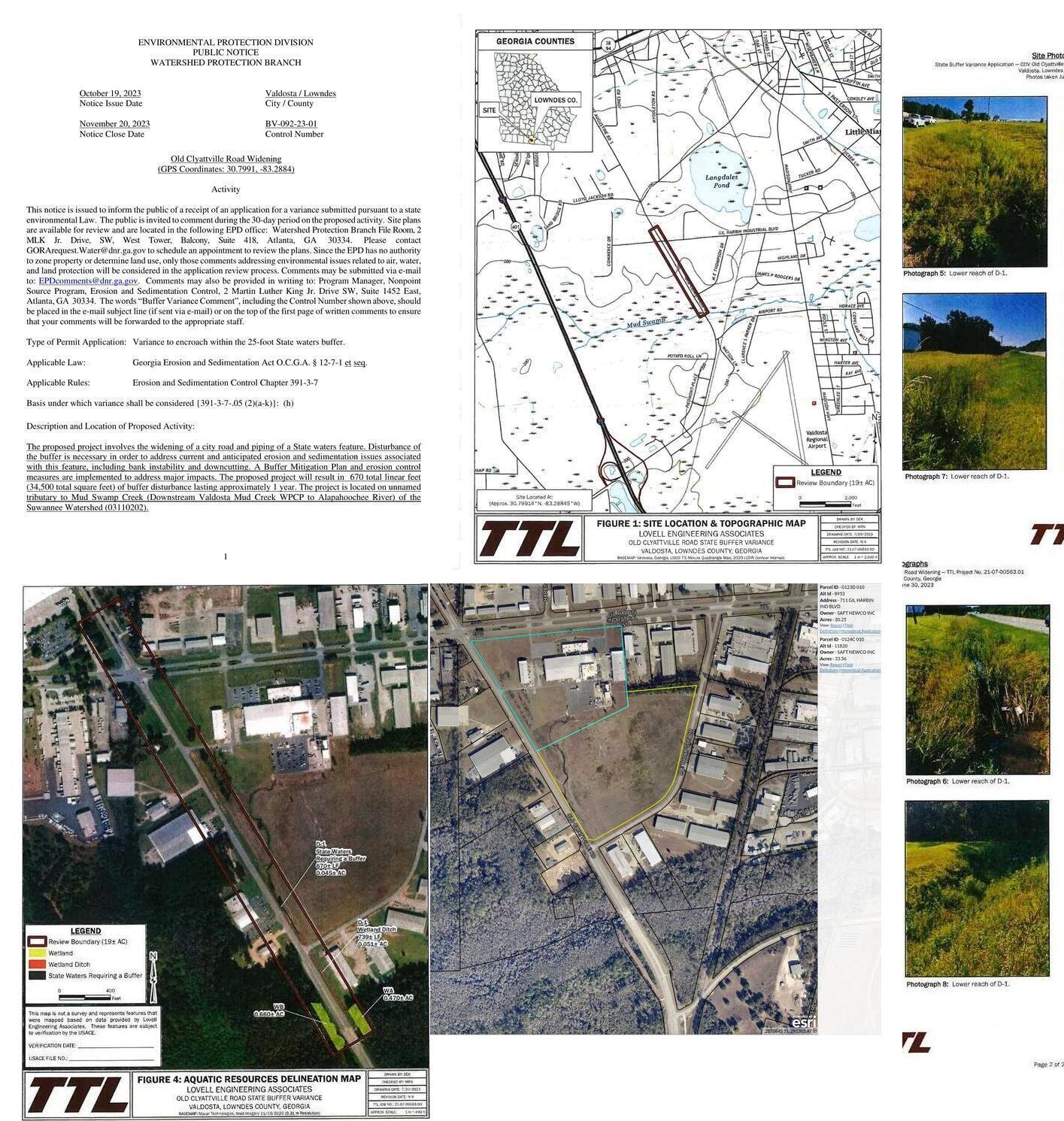 Collage of Valdosta application for Vegetative Buffer Encroachment on Mud Swamp Creek for Clyattville Road Widening