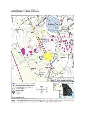 [Figure 3. Topographic map showing previous cultural resource surveys, previously recorded archaeological sites, a historic railroad, and a historic cemetery within a 1-km radius of the proposed project area.]