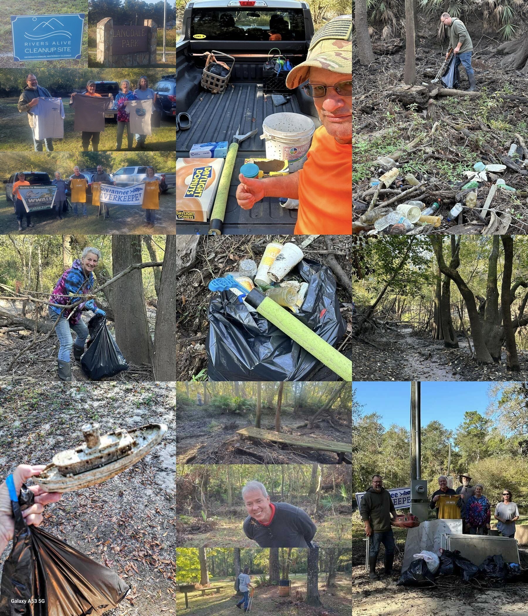 Trash, t-shirts, slough, and signs at Langdale Park Cleanup, Withlacoochee River 2023-10-20