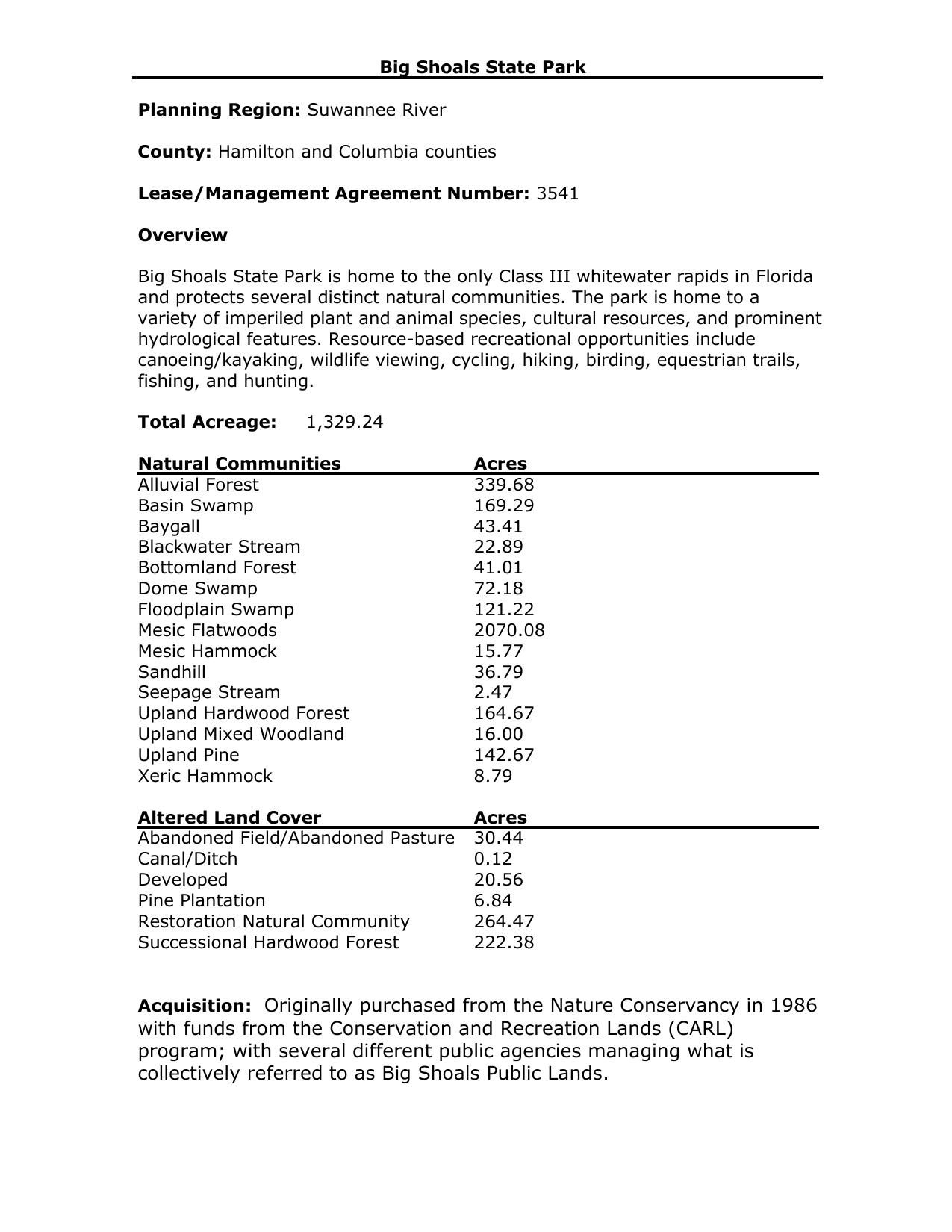 Overview, Big Shoals Executive Summary Page 1