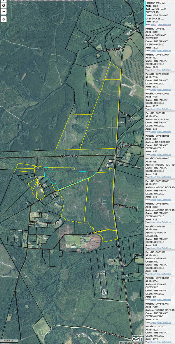 [Map: Charlton County Tax Assessors, 718.25 acres in 15 parcels, The Farm at Okefenokee LLC]