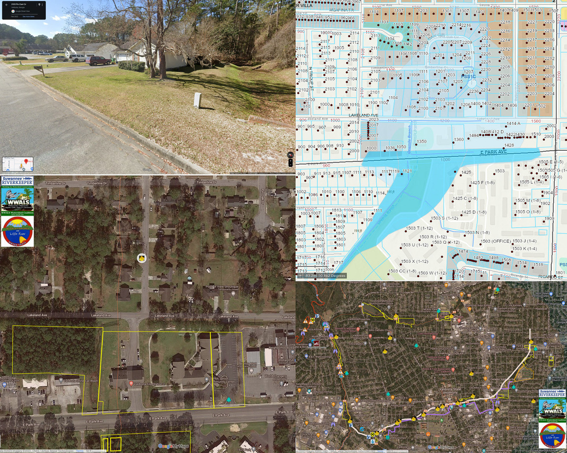 [One Mile Branch crossing Pin Oak Circle in a floodplain and location maps]