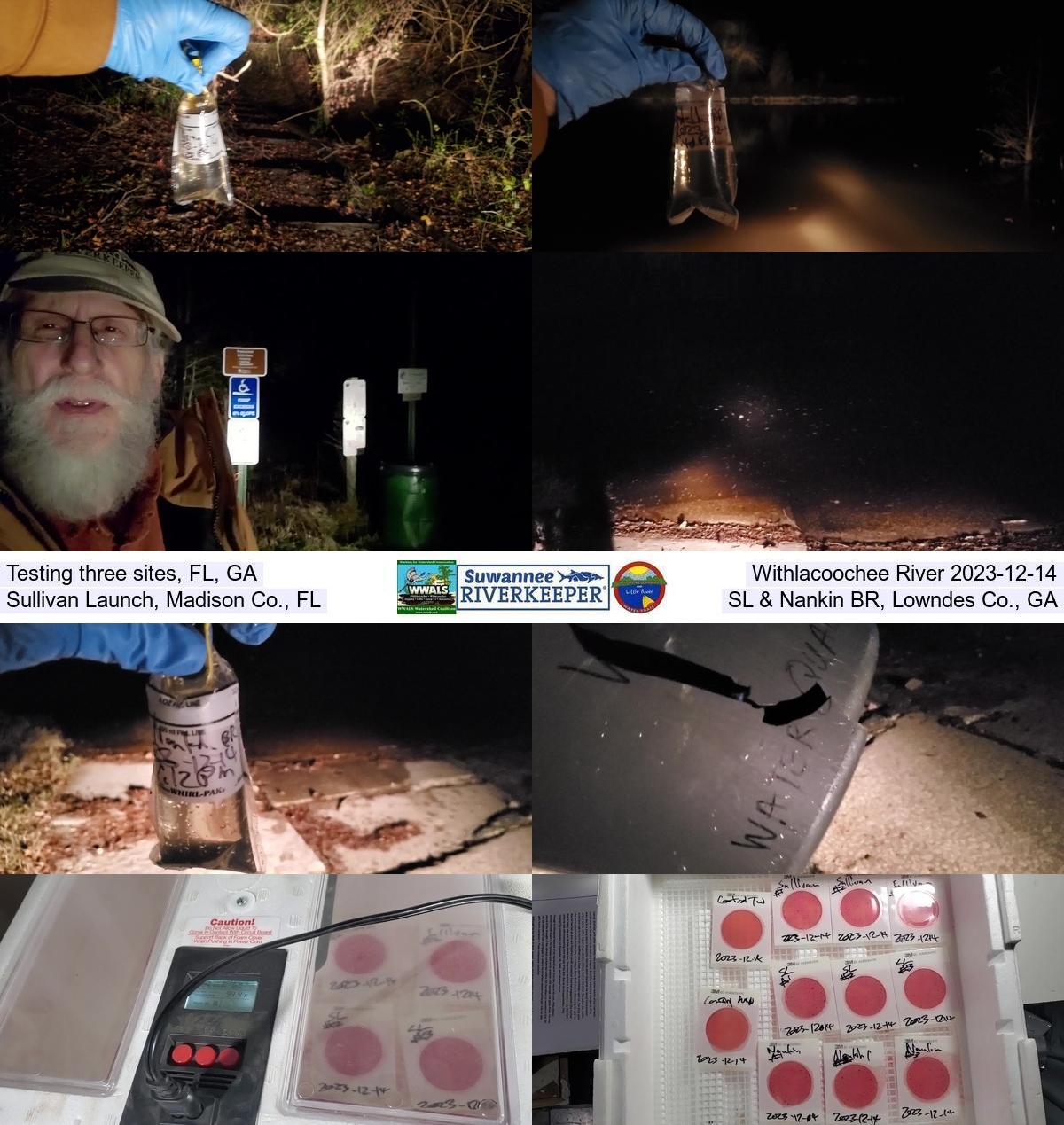 Three test sites, samples, and results, Withlacoochee River 2023-12-14