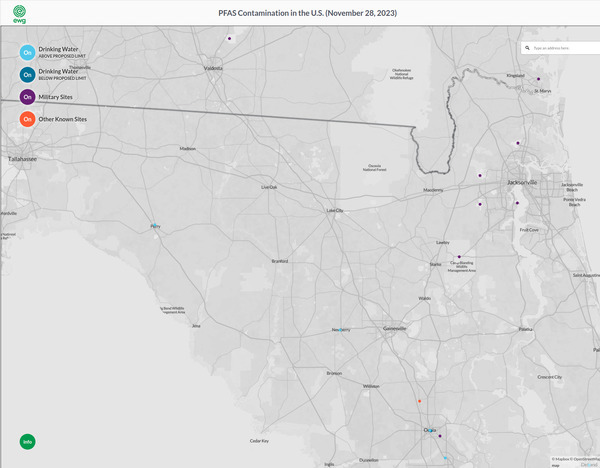 Map: EWG PFAS, Suwannee River Basin, Florida 2023-11-28