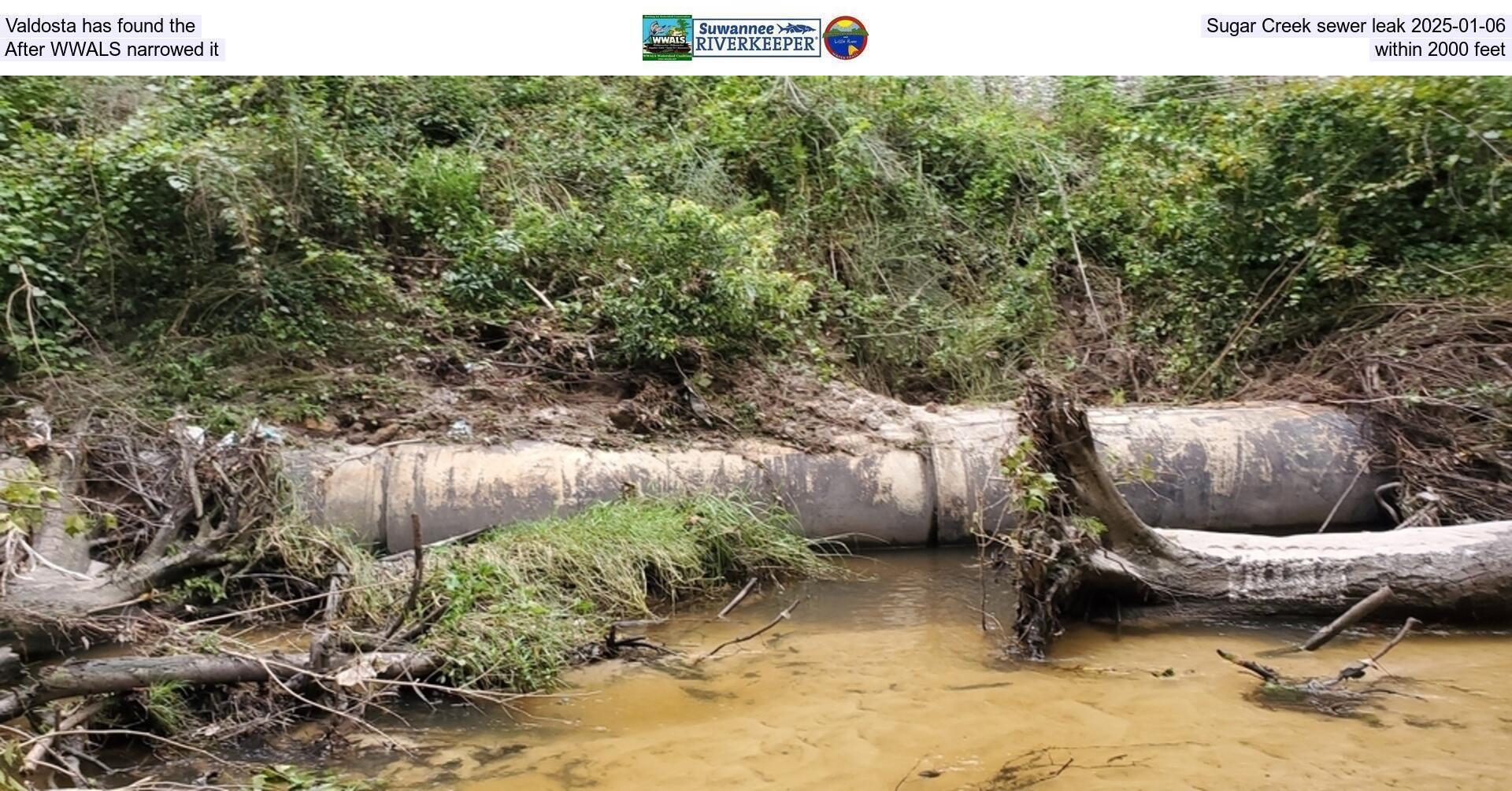 Valdosta has found the Sugar Creek sewer leak 2025-01-06, After WWALS narrowed it within 2000 feet