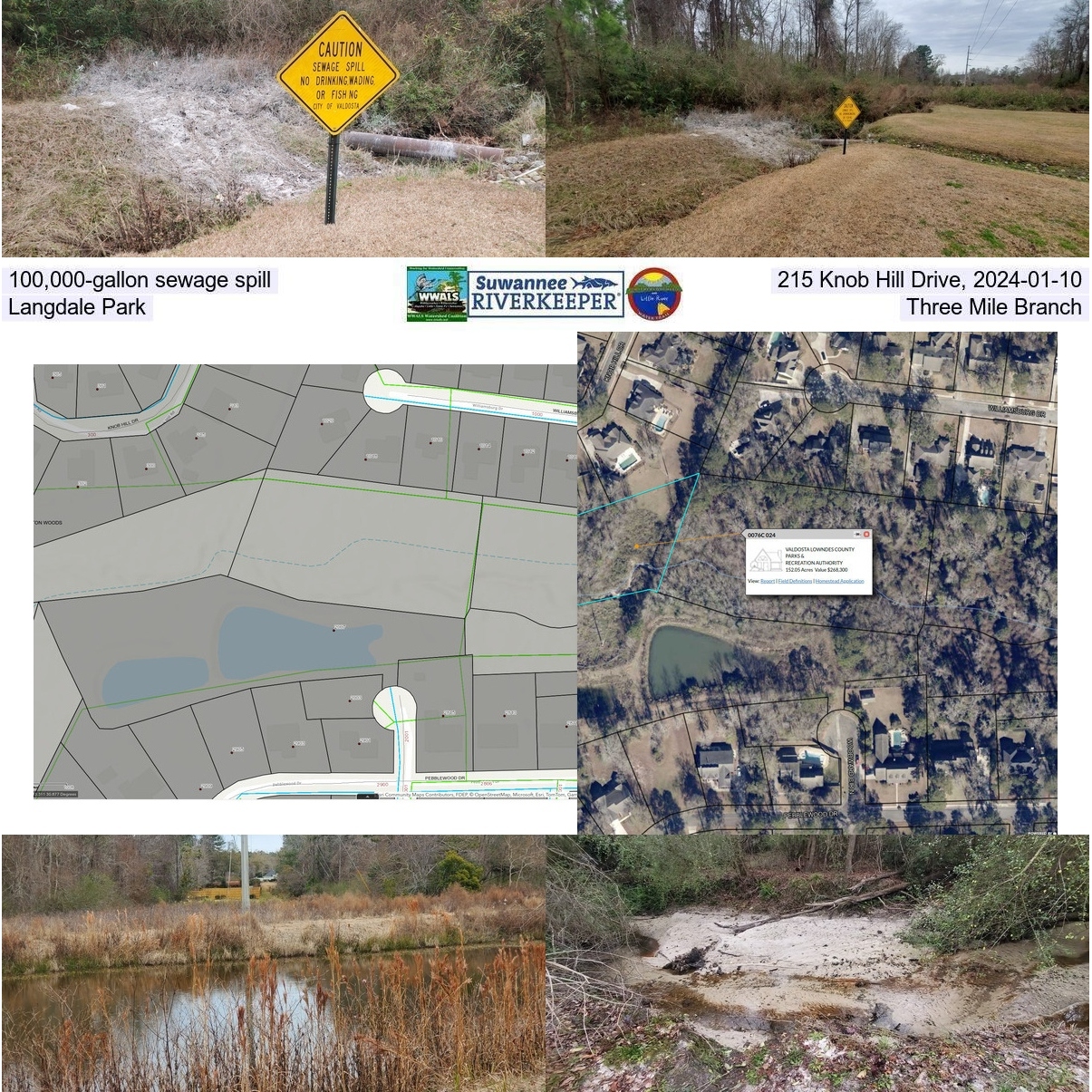 Spill site behind 215 Knob Hill Road, VALORGIS, VLPRA, Lowndes County Tax Assessors, Pebblewood Drive detention pond, Three Mile Branch