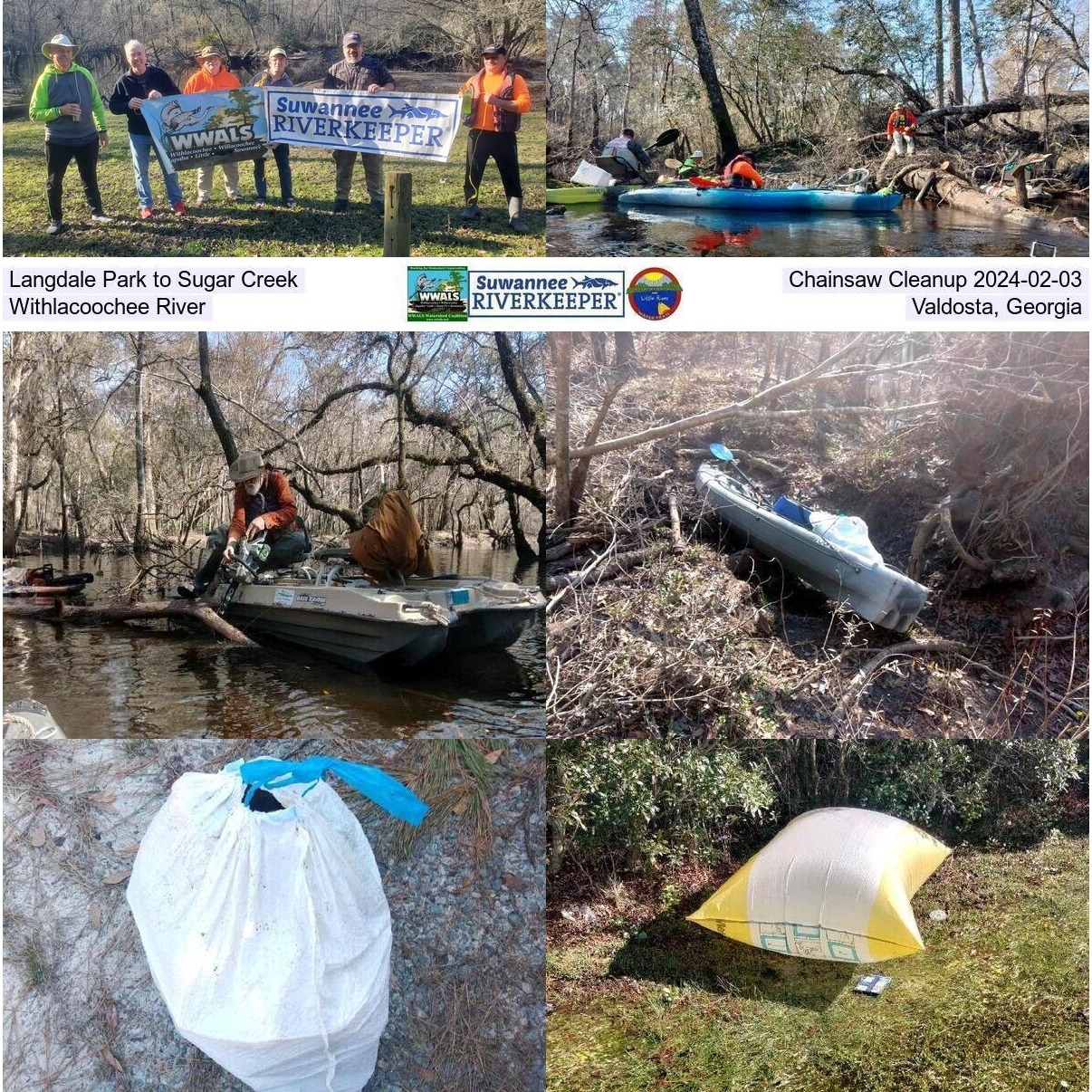 [Banners, bass fisher, chain saws, Withlacoochee River, Langdale Park to Sugar Creek 2024-02-03]