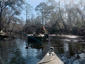 [jsq pushing bass fisher over log --Phil Royce]