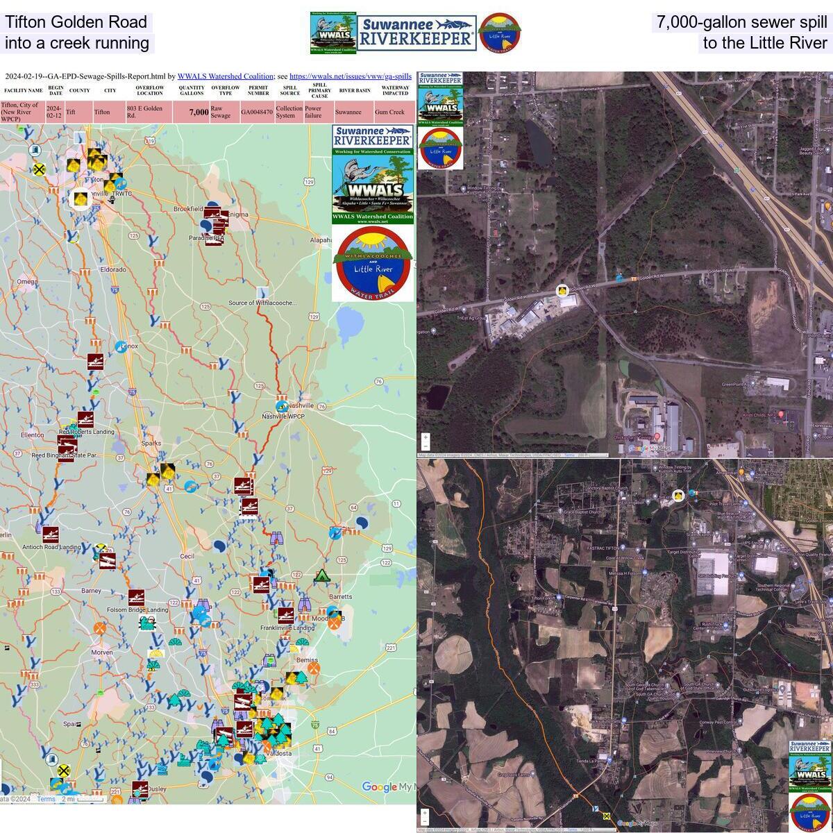 Tifton Golden Road 7,000-gallon sewage spill into Little River 2024-02-12