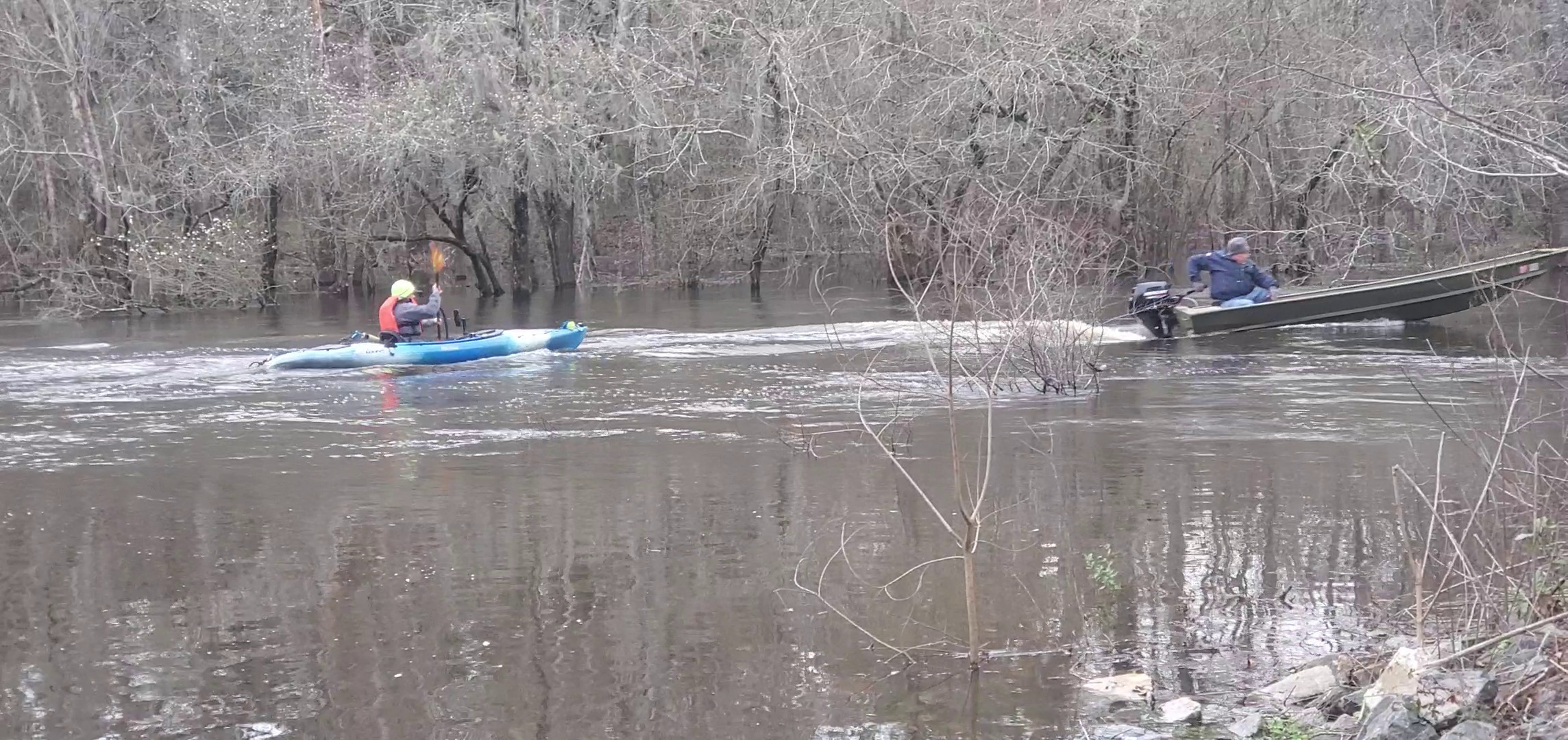 Russell can't paddle as fast upstream as the jon boat and 9.9hp outboard