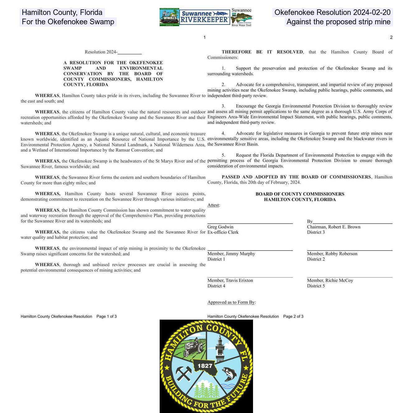 Hamilton County, Florida, resolution for the Okefenokee Swamp, against the strip mine 2024-02-20