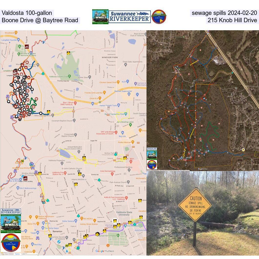 Map, Boone Drive & Knob Hill 100-gallon sewer spills, Valdosta, GA, 2024-02-20