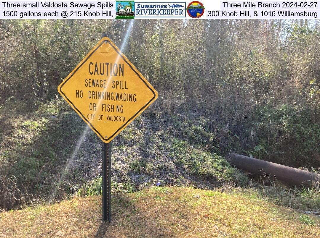 [Three small Valdosta Sewage Spills into Three Mile Branch 2024-02-27: 1500 gallons each @ 215 Knob Hill Road, 300 Knob Hill, & 1016 Williamsburg Drive 2024-02-27]