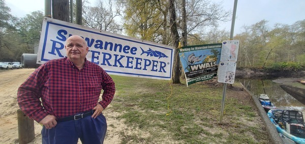 [Banners and water trail signs with Donald Davis, Lowndes County Museum, 09:19:47, 30.8877179, -83.3237571]