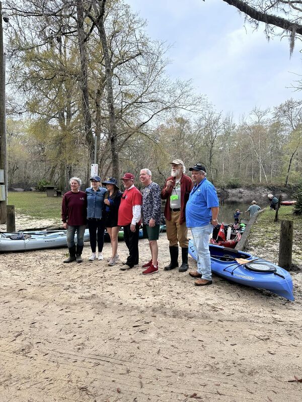 [Gretchen Quarterman of WWALS, County Manager Paige Dukes, Kristen Hannah of Boys & Girls CLub, Lowndes County Chairman Bill Slaughter, Valdosta Mayor Scott James Matheson, Suwannee Riverkeeper John S. Quarterman, Joe Brownlee of Georgia Power at Langdale Park Boat Ramp --Russell Allen McBride]