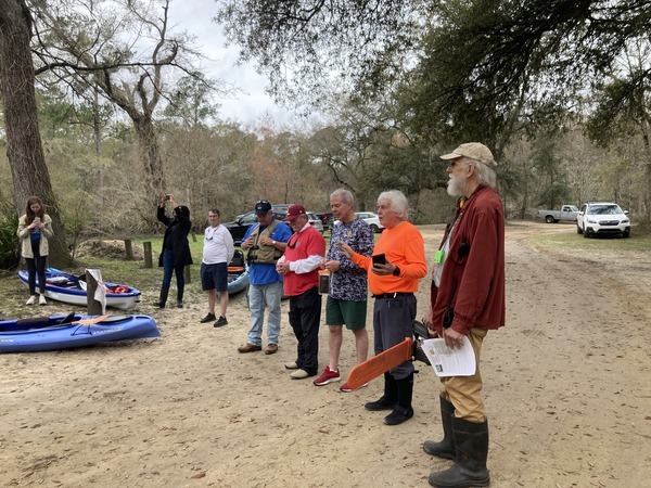 [Speakers, r-l: Suwannee Riverkeeper John S. Quarterman, Outing Leader Phil Hubbard, Valdosta Mayor Scott James Matheson, Lowndes County Chairman Bill Slaughter, Joe Brownlee of Georgia Power, Sweep Phil Royce --Gretchen Quarterman]