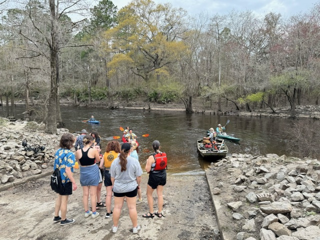 Suwannee Riverkeeper jon boat and 9.9hp motor with towed tandem kayak --Gee Edwards, 30.8514, -83.3474