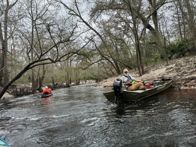 Suwannee Riverkeeper jon boat and 9.9hp outboard at the Little River Confluence --Gee Edwards, 30.847, -83.347652