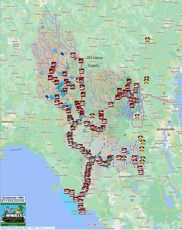 [Atkinson County, Okefenokee NWR, and TPM mine site in WWALS map of all public landings in the Suwannee River Basin]