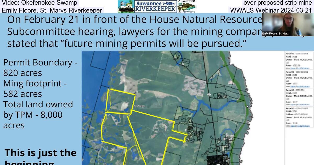 Video: Okefenokee Swamp, over proposed strip mine, Emily Floore, St. Marys Riverkeeper, WWALS Webinar 2024-03-21