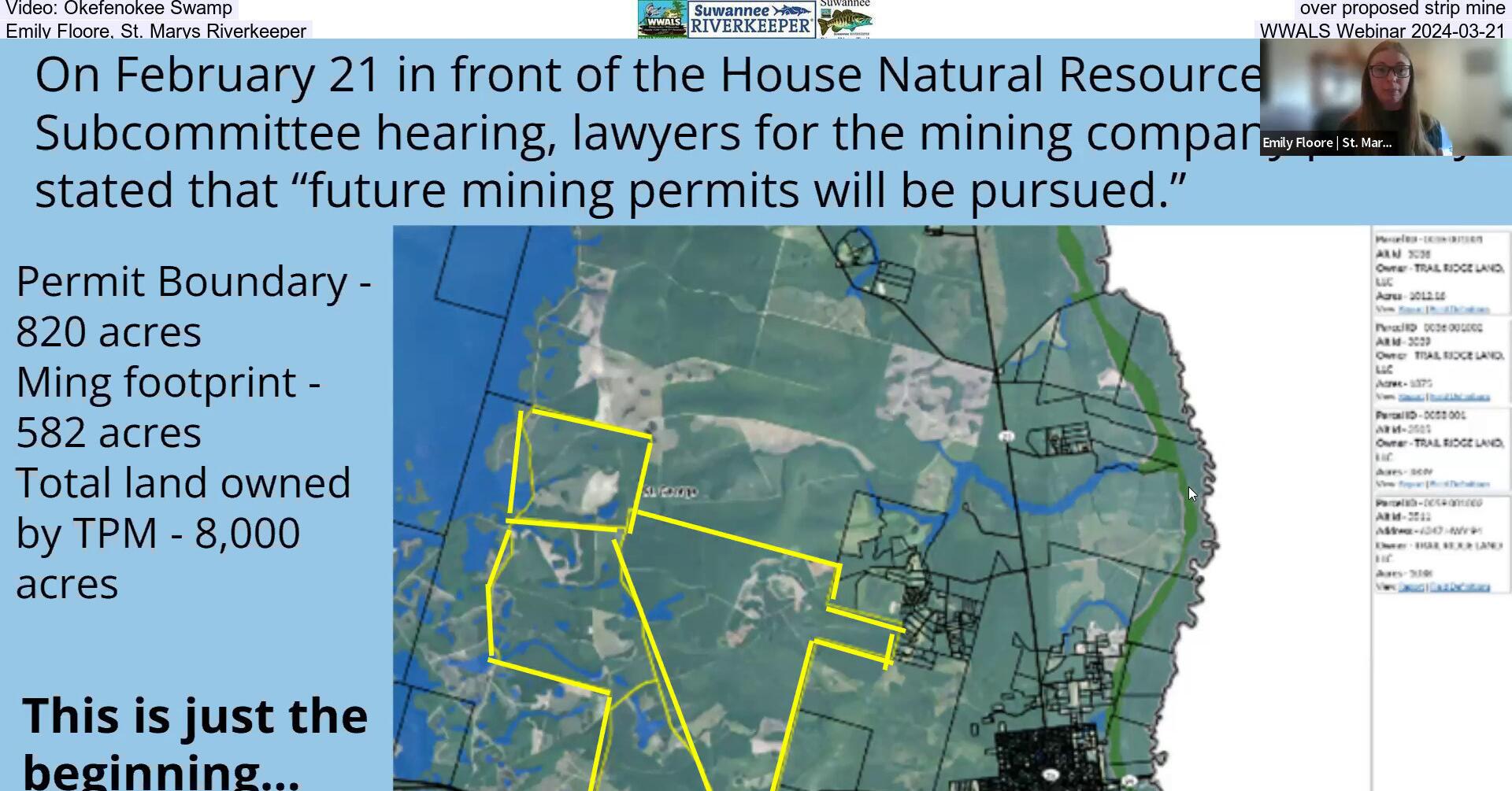 Video: Okefenokee Swamp, over proposed strip mine, Emily Floore, St. Marys Riverkeeper, WWALS Webinar 2024-03-21