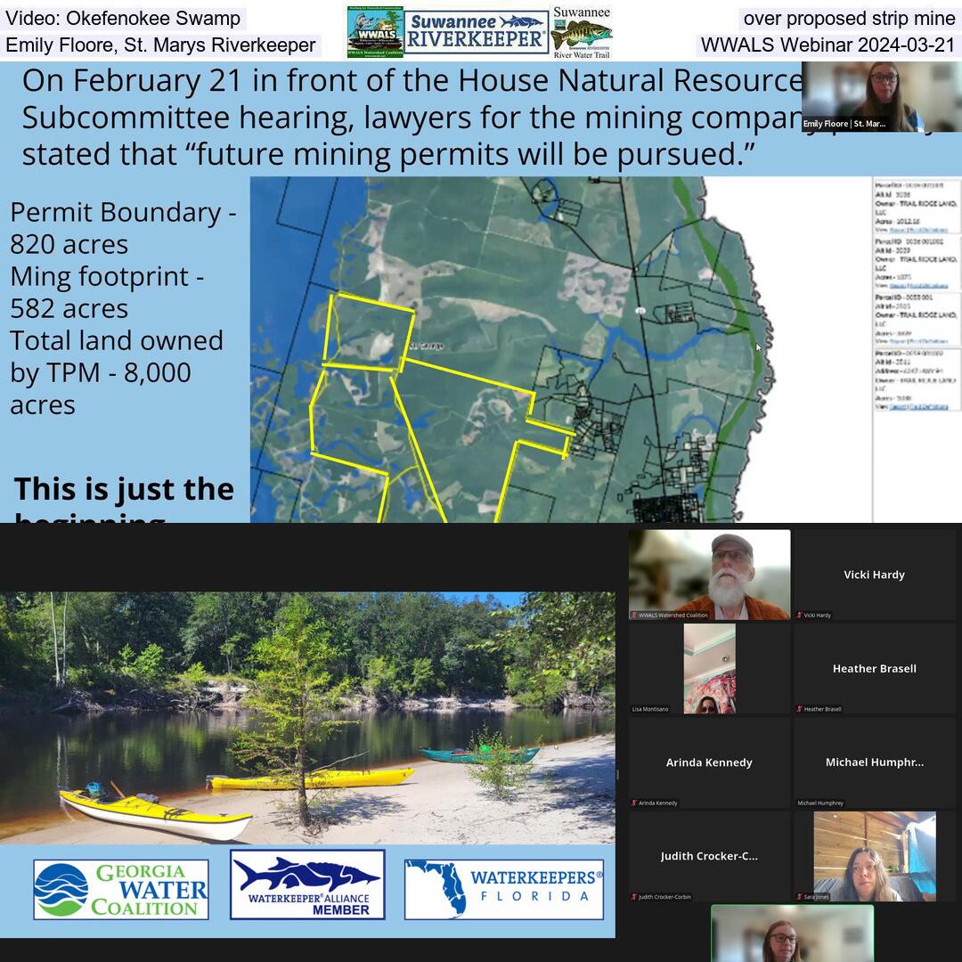 Video: Okefenokee Swamp, over proposed strip mine, Emily Floore, St. Marys Riverkeeper, WWALS Webinar 2024-03-21