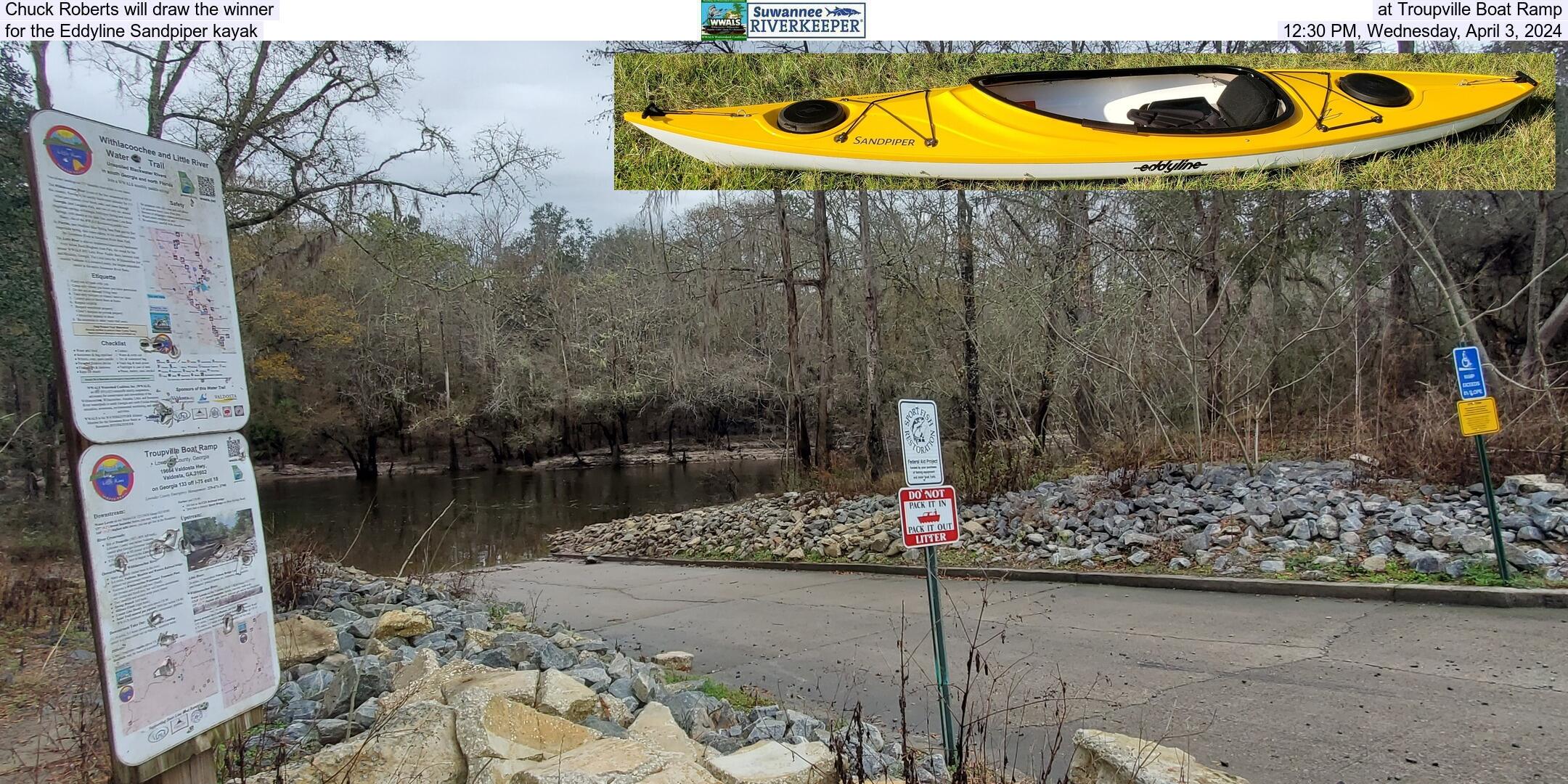 Chuck Roberts will draw the winner, at Troupville Boat Ramp, for the Eddyline Sandpiper kayak, 12:30 PM, Wednesday, April 3, 2024