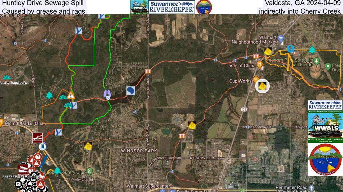 Huntley Drive Sewage Spill, Valdosta, GA 2024-04-09, Caused by grease and rags, indirectly into Cherry Creek