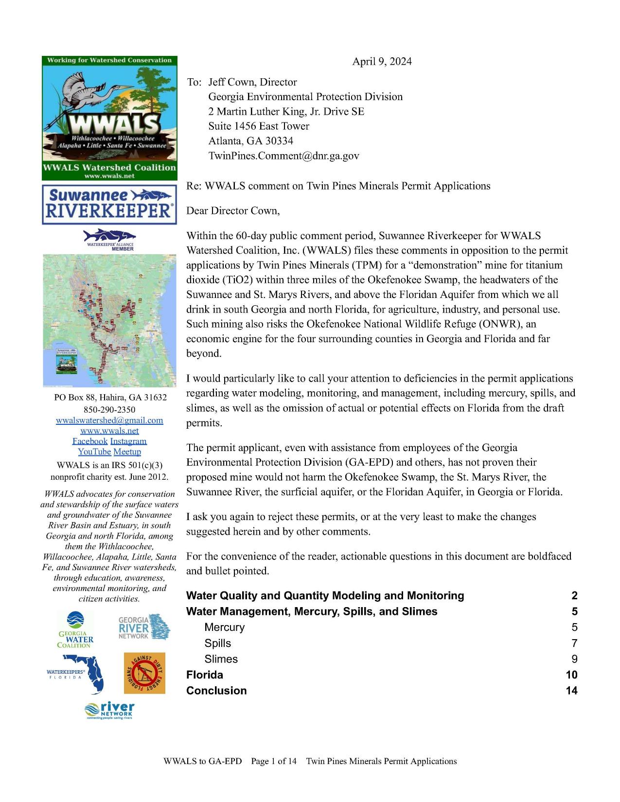 WWALS comment on Twin Pines Minerals Permit Applications