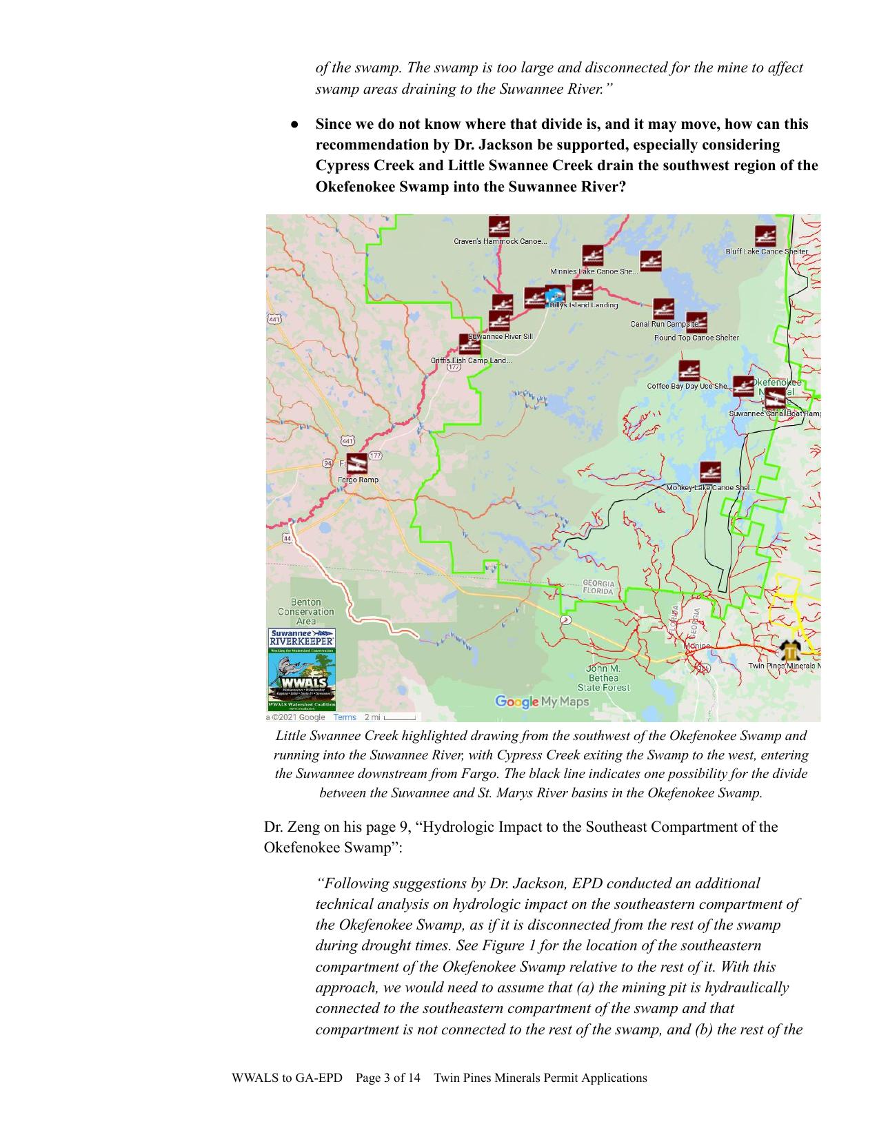 Since we do not know where that divide is, and it may move, how can this recommendation by Dr. Jackson be supported, especially considering Cypress Creek and Little Swannee Creek drain the southwest region of the Okefenokee Swamp into the Suwannee River?