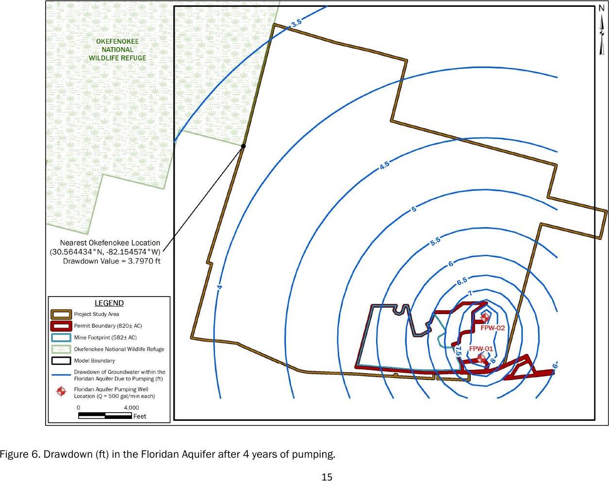 Figure 6. Drawdown (ft) in the Floridan Aquifer after 4 years of pumping in 3-GW-Extraction-Permit-Application-10.2.2023