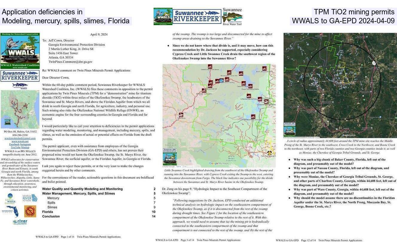 [Application deficiencies in TPM TiO2 mining permits: Modeling, mercury, spills, slimes, Florida --WWALS to GA-EPD 2024-04-09]