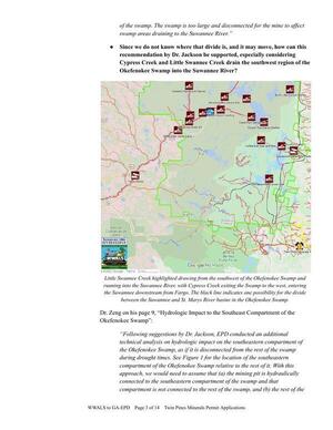 [Since we do not know where that divide is, and it may move, how can this recommendation by Dr. Jackson be supported, especially considering Cypress Creek and Little Swannee Creek drain the southwest region of the Okefenokee Swamp into the Suwannee River?]