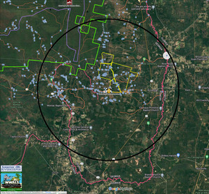 [A circle of radius approximately 44,608 feet around the TPM mine site reaches the Middle Prong of the St. Marys River to the southwest, Cross Creek to the Northwest, and Boone Creek to the northeast, with parts of two Florida counties and two Georgia counties inside it, as well as Moniac, the Cherokee of Georgia Tribal Grounds, and St. George.]