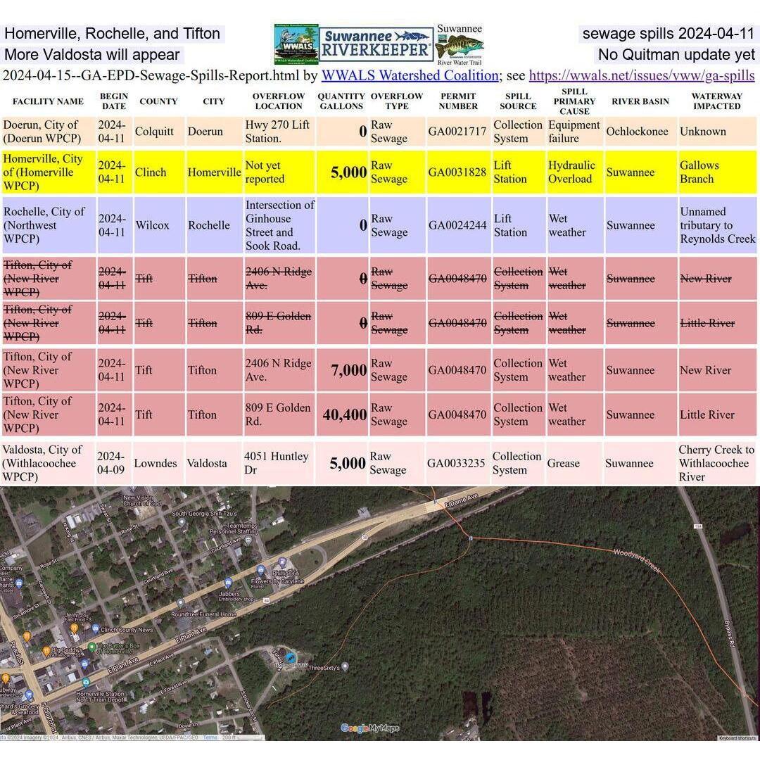 Homerville, Rochelle, and Tifton, sewage spills 2024-04-11, More Valdosta will appear, No Quitman update yet