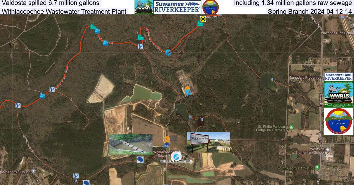 Valdosta spilled 6.7 million gallons, including 1.34 million gallons raw sewage, Withlacoochee Wastewater Treatment Plant, Spring Branch 2024-04-12-14