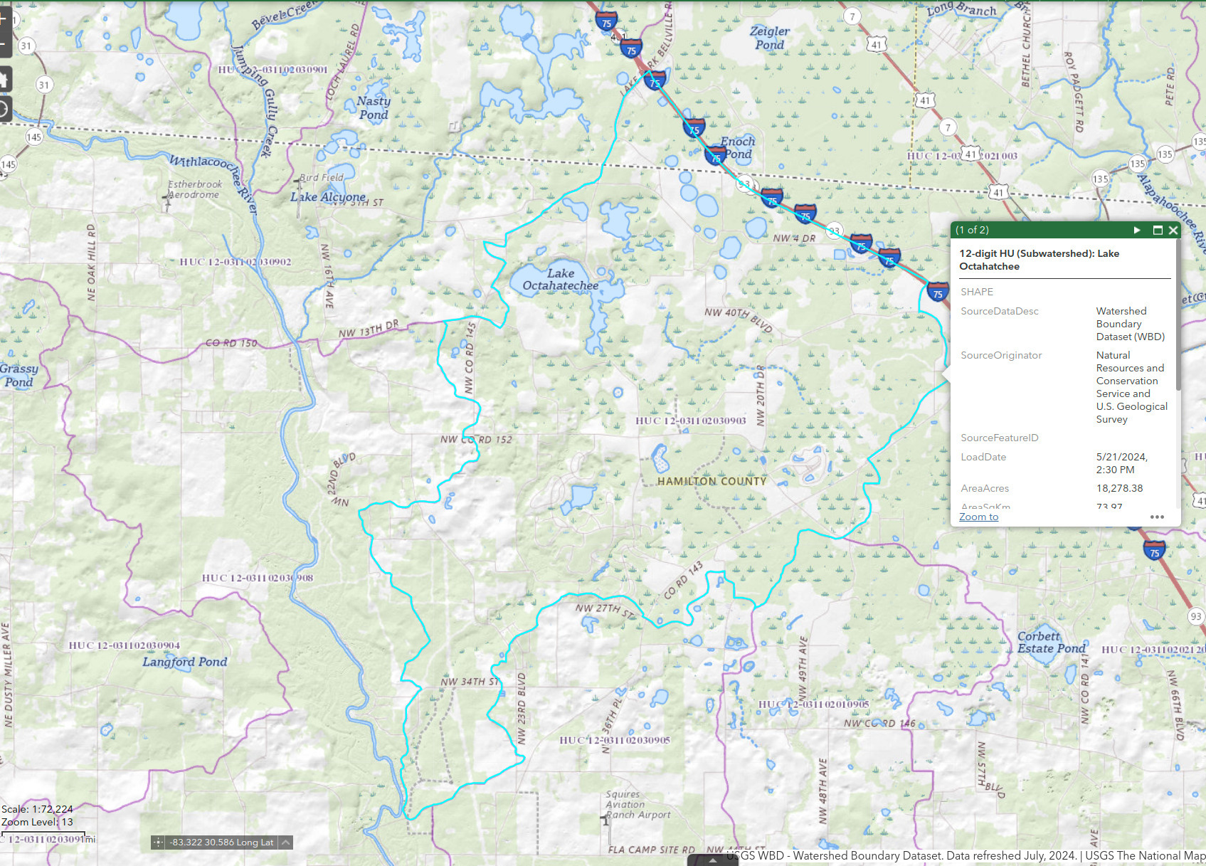 Map: Lake Octahatchee watershed in USGS The National Map