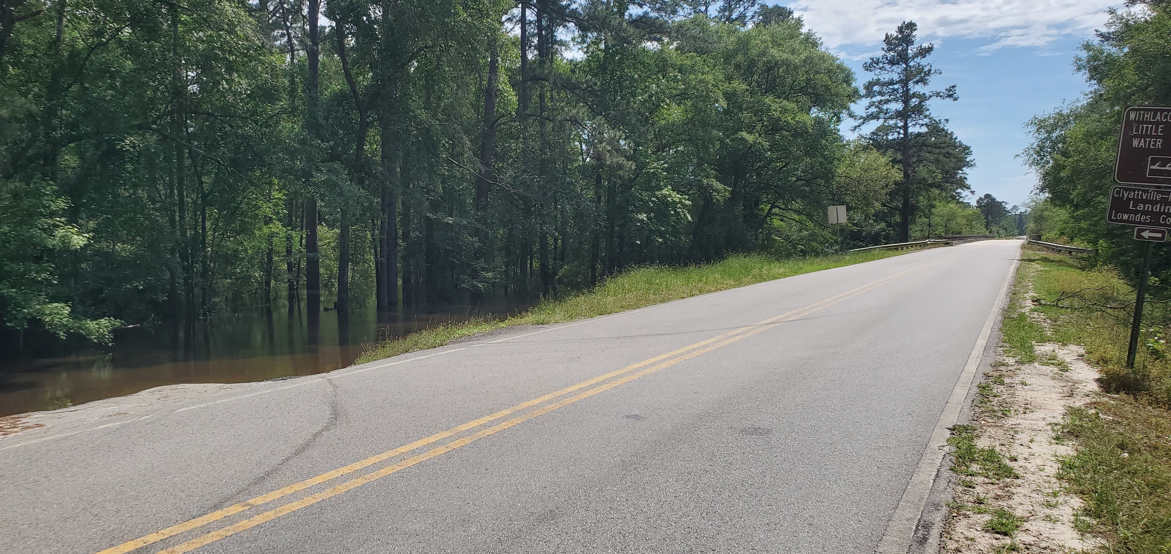 Water on entrance road, Clyattville-Nankin Boat Ramp, Withlacoochee River, 2024-04-16, 15:17:19, 30.6760552, -83.3932064