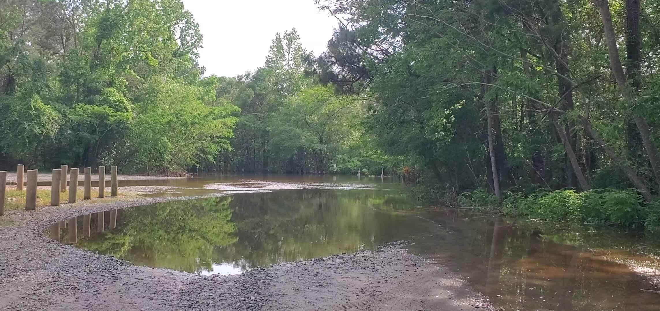 Movie: Water flowing through parking lot, Troupville Boat Ramp, Little River, 2024-04-16, 16:54:19, 30.8518057, -83.3467129 (50M)