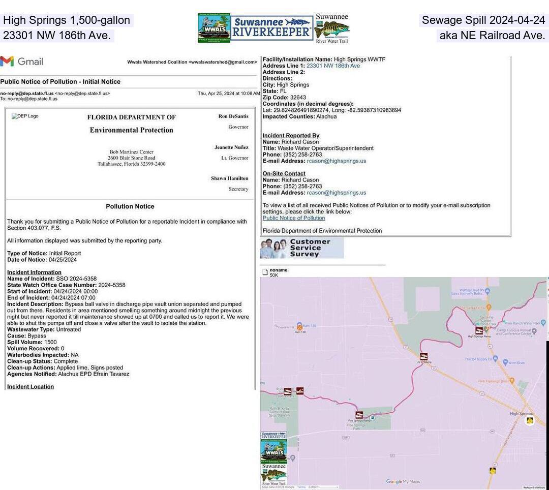 High Springs 1,500-gallon, Sewage Spill 2024-04-24, 23301 NW 186th Ave., aka NE Railroad Ave.