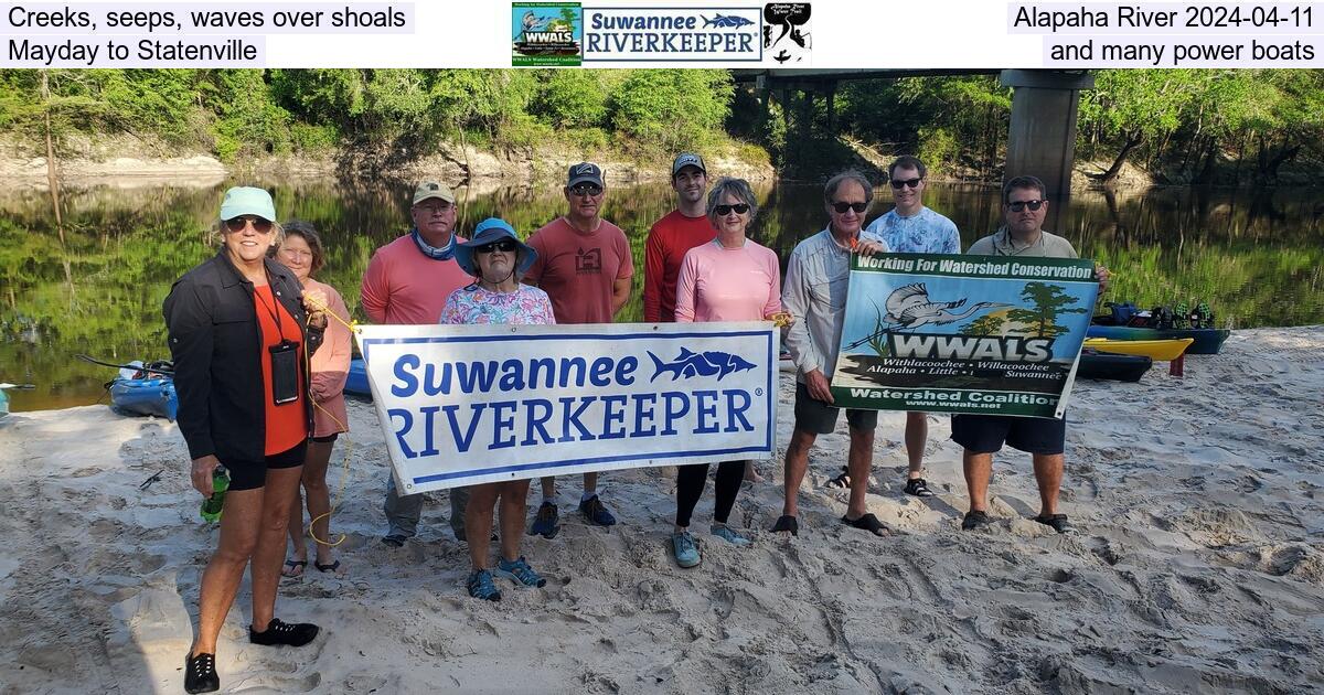 [Creeks, seeps, waves over shoals, and many power boats, Mayday to Statenville, Alapaha River 2024-04-11]