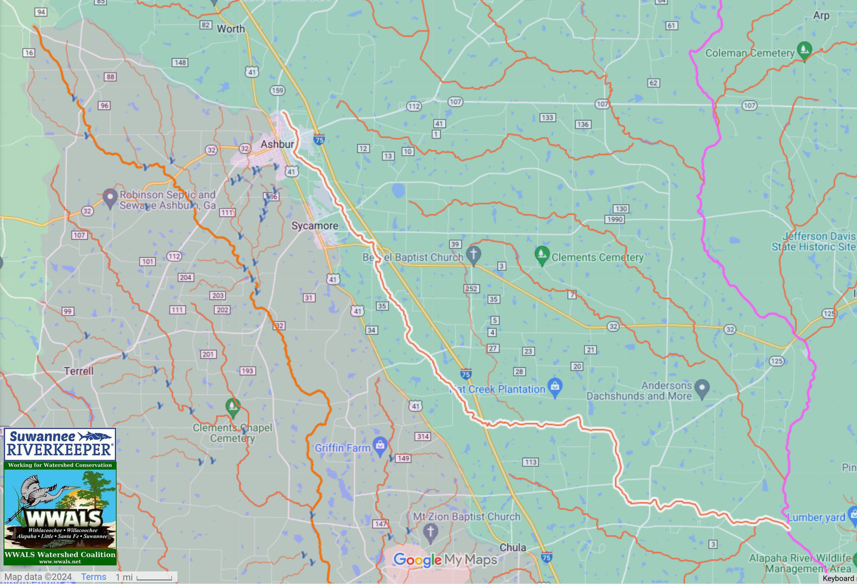 Map: Ashburn, Hat Creek, Alapaha River, WWALS Suwannee River Basin map