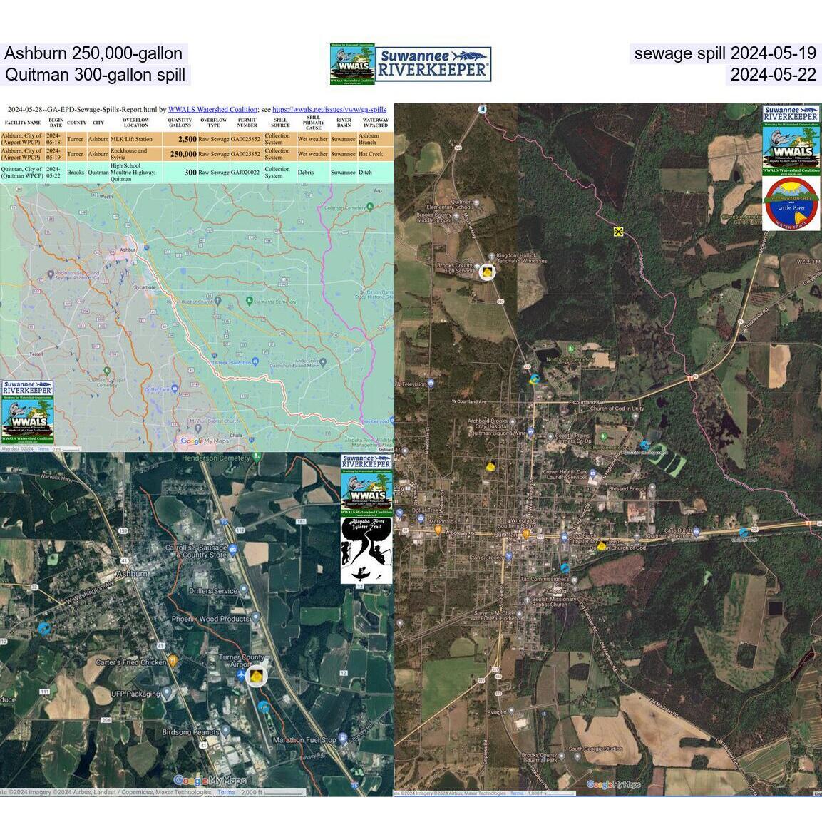 Ashburn 250,000-gallon sewage spill into Hat Creek, Alapaha River 2024-05-19 and 2,500-gallon spill into Ashburn Branch, Little River, plus Quitman 300-gallon spill 2024-05-22