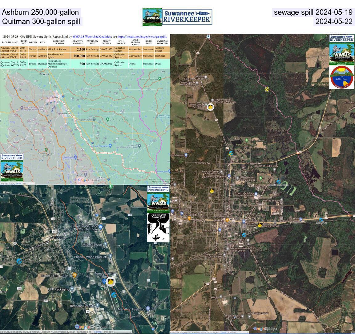 [Ashburn 250,000-gallon sewage spill into Hat Creek, Alapaha River 2024-05-19 and 2,500-gallon spill into Ashburn Branch, Little River, plus Quitman 300-gallon spill 2024-05-22]