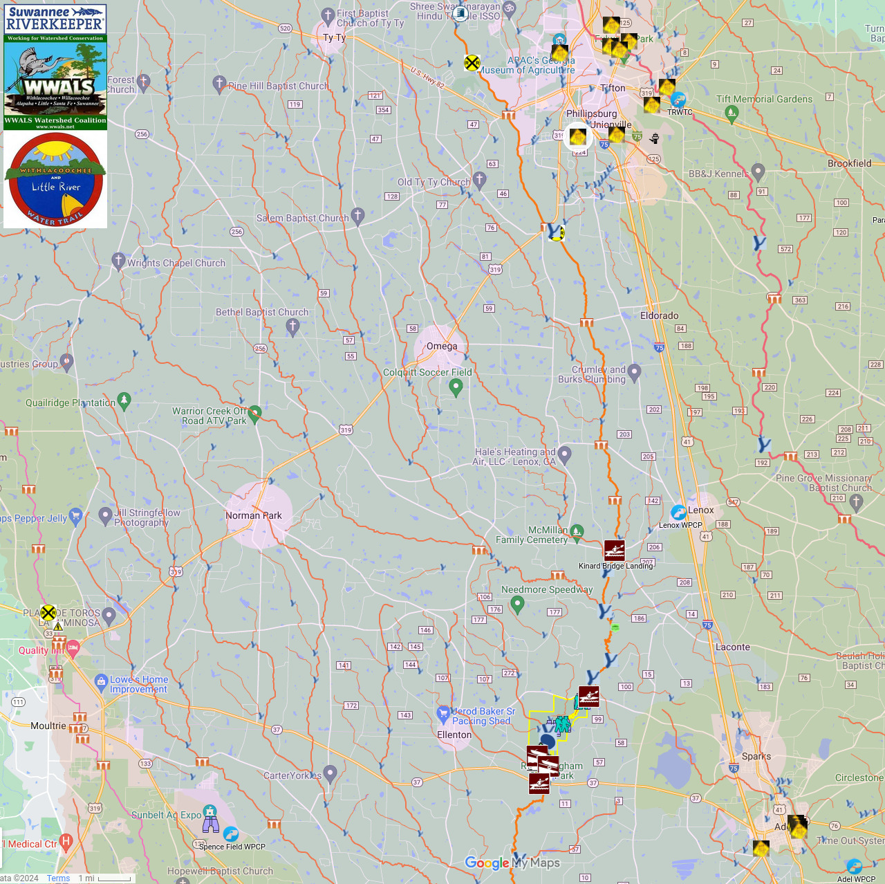 Map: Tifton W. Golden Road to Reed Bingham State Park in WLRWT